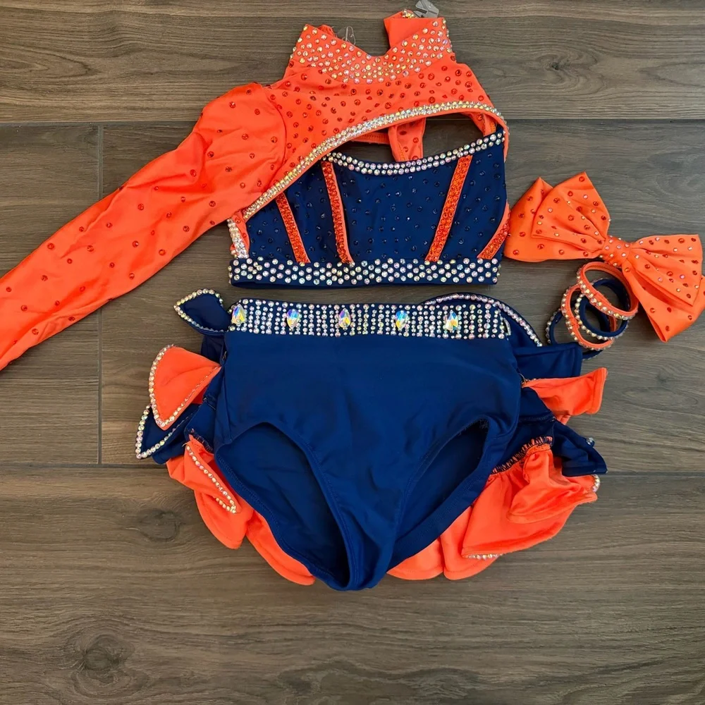Kids Dance Costume Set - Navy & Orange Sparkle Two-Piece